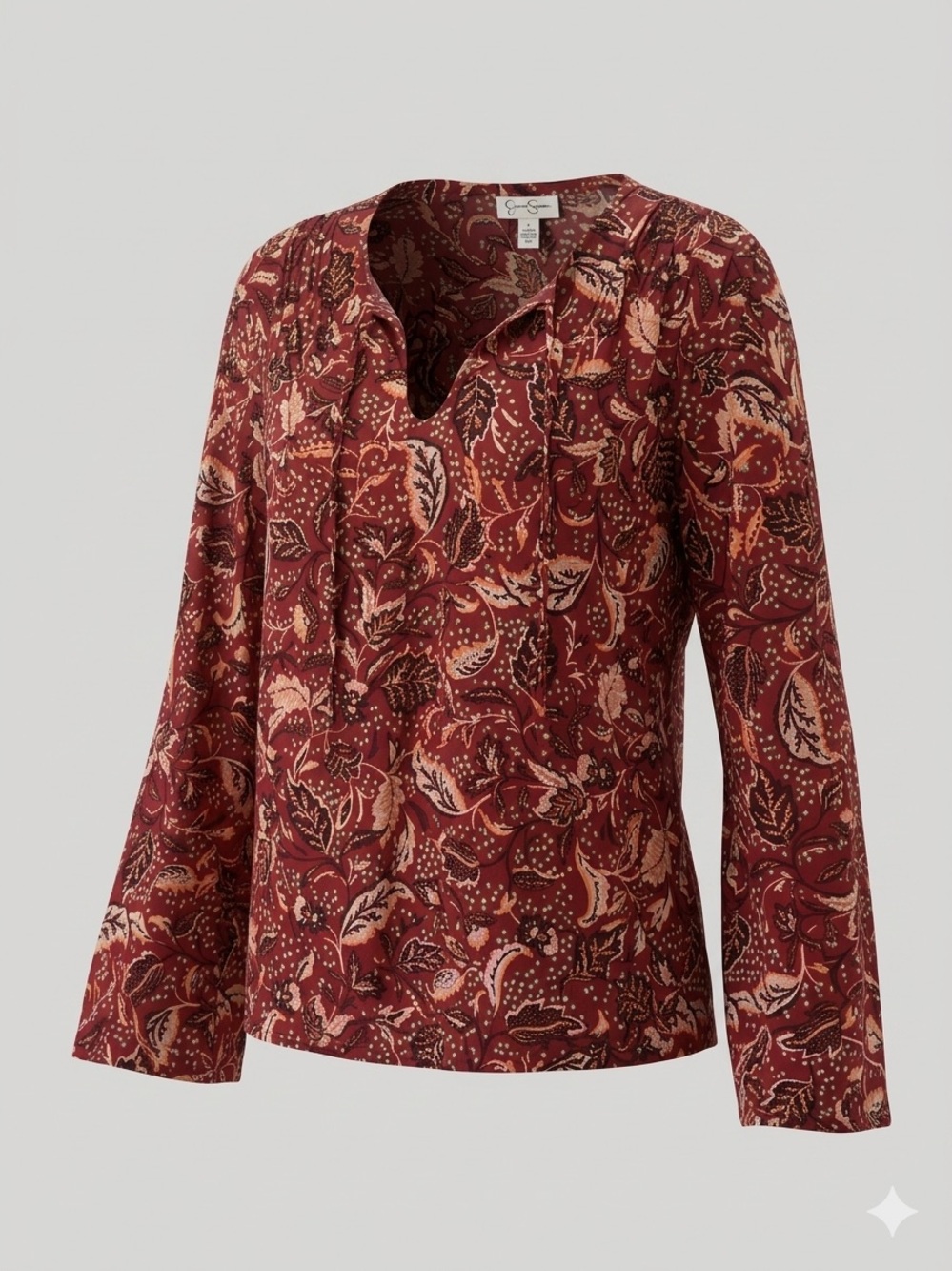 Jessica Simpson Boho Floral Bell Sleeve Blouse Top Rust Burgundy Large